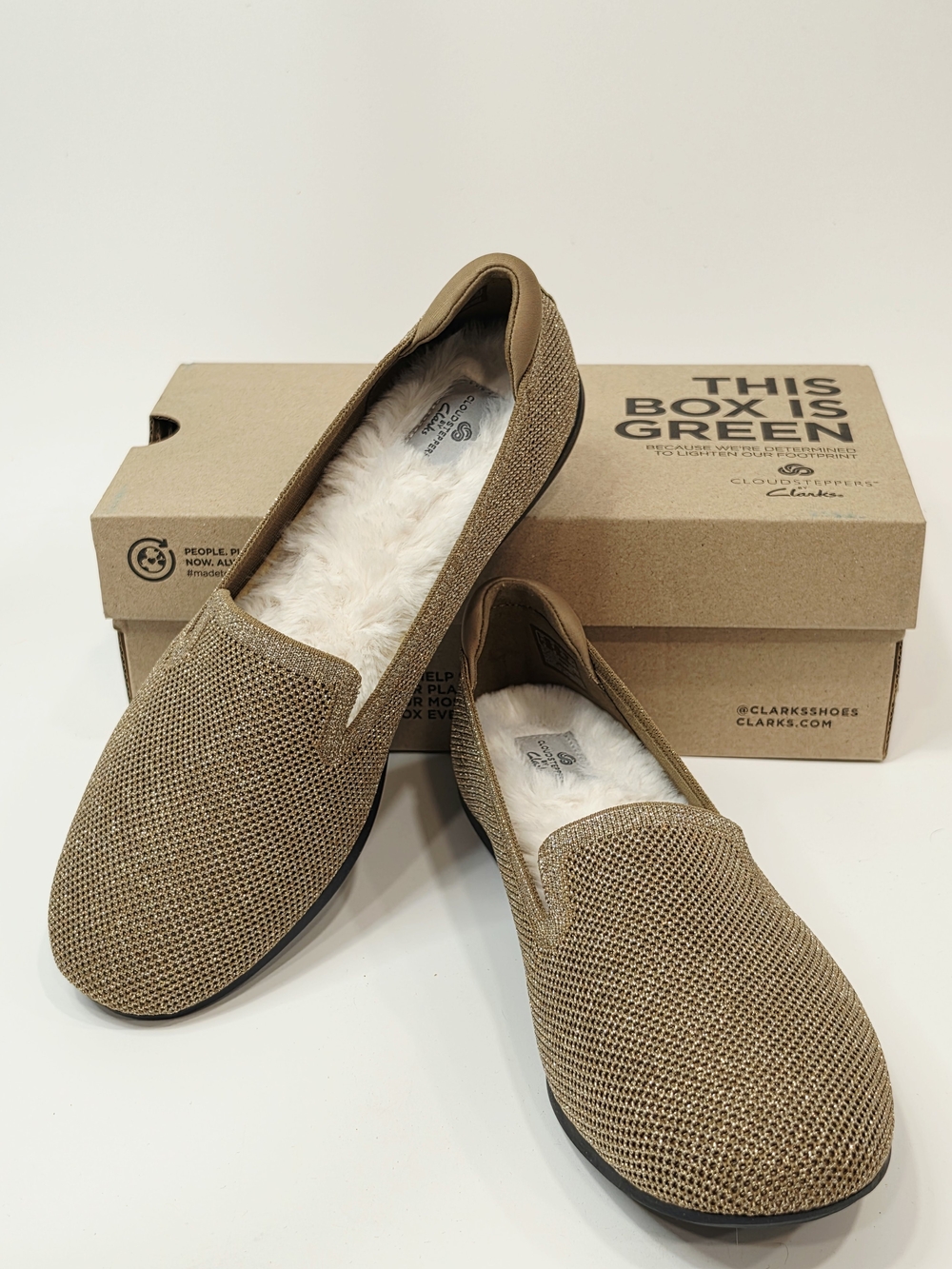 Clarks Cloudsteppers Washable Knit Slip-Ons in the style Carly Dream Fur in gold